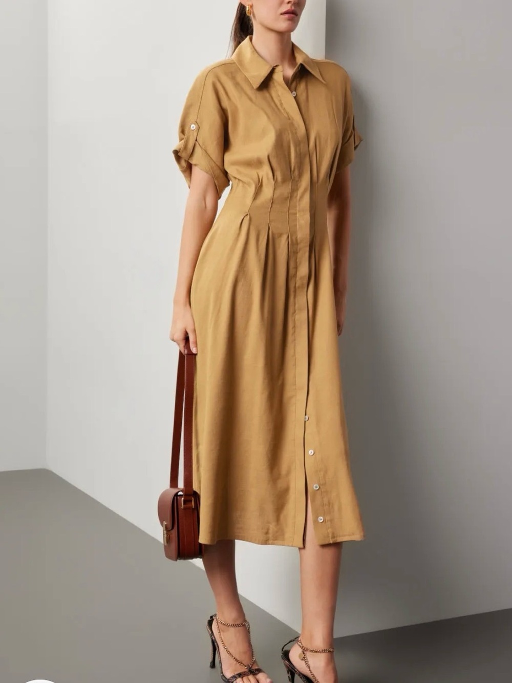 Veronica Beard Tan Button-Front Shirt Midi Dress